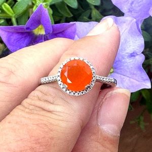 Fire Opal Diamond Halo Ring, 14k White Gold, Sz 9, Exc. Cond.